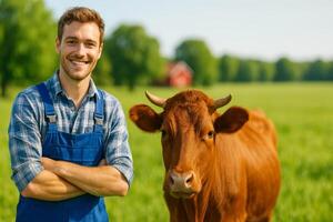 Smiling Farmer Poses With Brown Cow on Sunny Farm During Afternoon in Rural Area photo