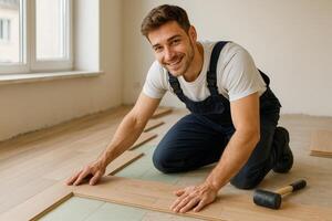 Young Man Installing Wooden Flooring in a Bright, Empty Room During Daylight Hours photo