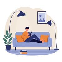 A man relaxing on a cozy grey couch reading a book in a minimal, modern living room with plants and decorative elements illustration vector