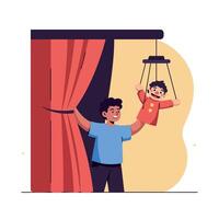 A joyful performer showcasing a puppet behind red curtains in a flat and colorful illustration vector