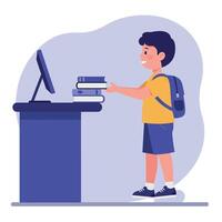 A cheerful boy with a backpack placing stacked books on a desk with a computer in a flat illustration vector