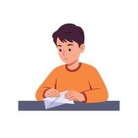 A young boy focused on folding a piece of paper in a minimal flat design illustration vector