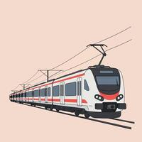 Modern electric train in flat design, moving swiftly along tracks against a soft pastel background, showcasing streamlined features and futuristic aesthetics in illustration vector
