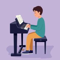 A young boy playing a piano in a cozy room with a purple background in a flat illustration vector