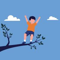 A young boy playfully balancing on a tree branch under a blue sky in flat art vector