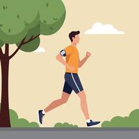 A young man jogging down a pathway surrounded by lush greenery in a flat design style illustration vector