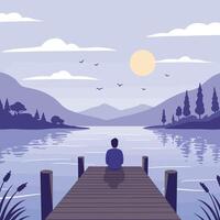 Serene man sitting on a wooden dock overlooking a tranquil lake with mountains in a flat illustration vector