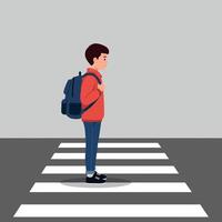 A young boy in a red jacket and backpack standing at a crosswalk in a minimal flat design illustration vector