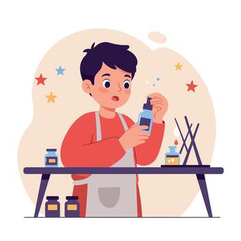A young boy in an apron curiously examining a bottle while standing at a craft table in a bright and cheerful workspace, showcasing flat art vector