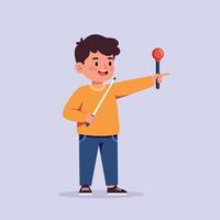 A cheerful boy with dark hair holding a baton and a red stick in a playful pose, minimal illustration vector