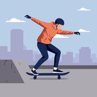 A skateboarder performing tricks on a ramp in a vibrant urban setting, showcasing a flat design style, dynamic movement, and energetic atmosphere in art vector