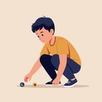 A young boy squatting on the floor with a focused expression while playing with colorful marbles in a minimal illustration vector