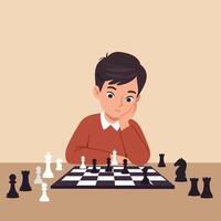 A young boy in deep concentration playing chess on a wooden table, illustrated in a minimal flat design style, showcasing thoughtful expression in art vector
