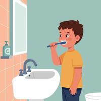 Young boy brushing his teeth in a bright bathroom with flat design elements and cheerful colors, showcasing daily hygiene routine in art vector