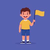 Happy child waving a yellow flag in a playful flat design style against a colorful background in art vector
