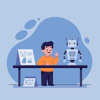 A young boy interacting with a friendly robot at a table in a flat, cheerful, colorful illustration vector