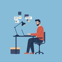 A focused man working at a desk with a laptop in a flat style illustration, surrounded by digital notes and a warm atmosphere vector