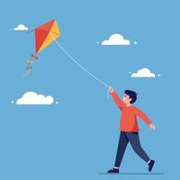 A boy joyfully flying a colorful kite against a bright blue sky in flat art vector