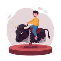 A young boy joyfully riding a mechanical bull on a carnival platform in flat art style showcasing excitement and playful atmosphere vector