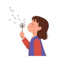 Young girl blowing dandelion seeds while smiling joyfully in a minimal flat design illustration vector