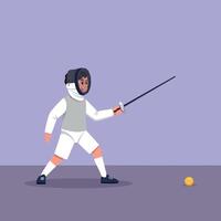 Fencing athlete in action wearing protective gear with sword poised, minimal design showcasing intensity and focus, illustration vector
