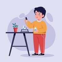 Young boy experimenting with science tools at a table, wearing casual clothes, minimal design, colorful elements, cheerful atmosphere, illustration vector