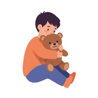 A young boy joyfully hugging a soft teddy bear while sitting on the floor in a cozy setting, illustrated in a flat and colorful art style vector