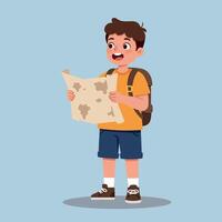 A cheerful boy holding a treasure map while wearing a backpack in a flat illustration, conveying excitement and adventure in a playful scene vector