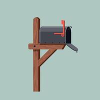 A classic wooden mailbox mounted on a post with a vibrant red flag in a minimal flat design illustration vector