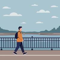 A young man wearing an orange jacket and black backpack walking along a riverside path in a flat illustration vector
