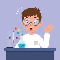 Excited young boy in a lab coat with goggles performing a colorful science experiment in minimal flat illustration vector