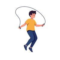 A young boy jumping joyfully with a skipping rope in a playful and energetic flat illustration vector