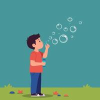A joyful boy blowing bubbles with a blue wand in a vibrant green park, showcasing a flat design illustration vector