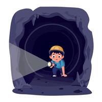 Curious boy exploring a dark cave with a flashlight in a minimal illustration vector