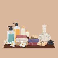 Spa essentials arranged on a wooden tray featuring candles, lotions, and towels in a minimal flat illustration vector