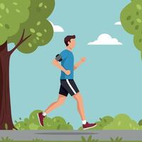 A young man jogging along a tree-lined path in a flat, minimal design style illustration vector