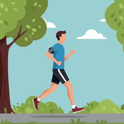 A young man jogging along a tree-lined path in a flat, minimal design style illustration