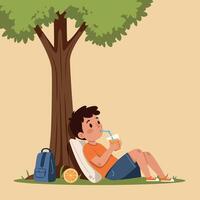 Young boy relaxing under a tree while sipping a cool drink in a flat illustration vector
