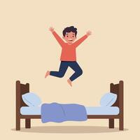 A joyful boy jumping on a cozy bed with excitement in a flat illustration showcasing playful energy and happiness in a cheerful setting. vector