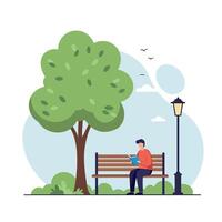 A man reading a book on a brown bench under a large green tree in a park setting, flat illustration vector