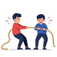 Two boys engaged in a playful tug-of-war competition with a rope in a flat and colorful illustration vector