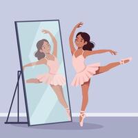 Young ballet dancer in a pink tutu practicing gracefully in front of a full-length mirror, showcasing a flat illustration of passion and dedication vector