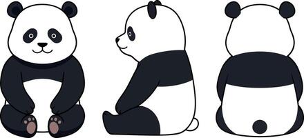 Cute panda character in playful poses showcasing flat design style in three views, perfect for childrens projects and educational materials, illustration vector