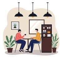 Two people enjoying a warm coffee conversation in a cozy, modern cafe setting, featuring minimalistic design and soft colors in illustration vector