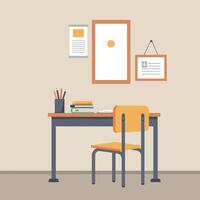 Simple wooden desk with yellow chair and stationery in a minimalistic workspace setting, featuring flat art vector