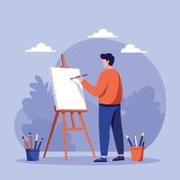 A young man painting on an easel in a serene outdoor setting with a flat design style art vector