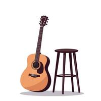 Acoustic guitar leaning against a simple wooden stool in a minimal flat design art vector