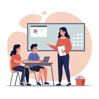 Engaging teacher presenting to attentive students in a classroom setting featuring minimal design elements and a modern aesthetic, illustration vector