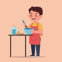 Happy boy wearing an apron, mixing ingredients in a bowl with a whisk, in a flat style, cheerful atmosphere, illustration vector