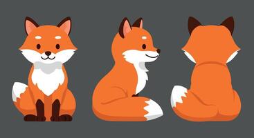 Cute orange fox character designed in a flat, minimal style showcasing three angles in vibrant illustration vector
